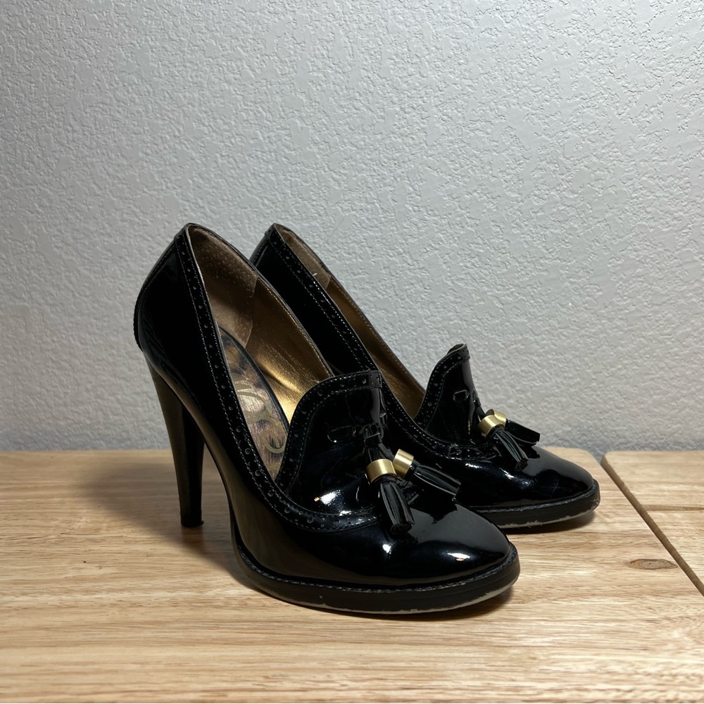 Sam Edelman Black Patent Leather Tassel Loafer Heels Size 6
